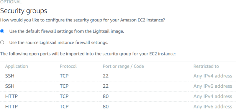 Pengaturan grup keamanan pada halaman Buat instans Amazon EC2.