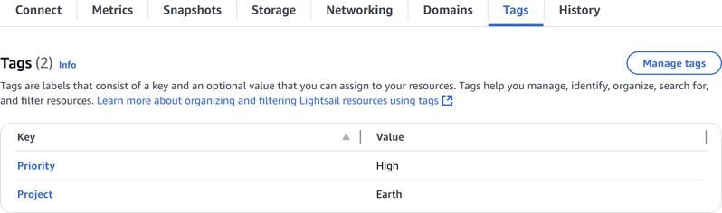Tag tab di konsol Lightsail.