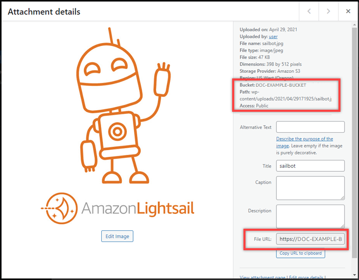 Nama bucket Anda dan URL-nya di panel Attachment details.