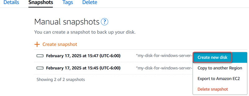 Gunakan menu tindakan untuk membuat sebuah disk baru dari snapshot