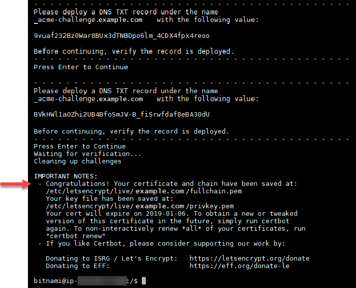 Permintaan sertifikat Let's Encrypt yang berhasil.