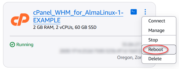 Opsi reboot instance di halaman beranda Lightsail.