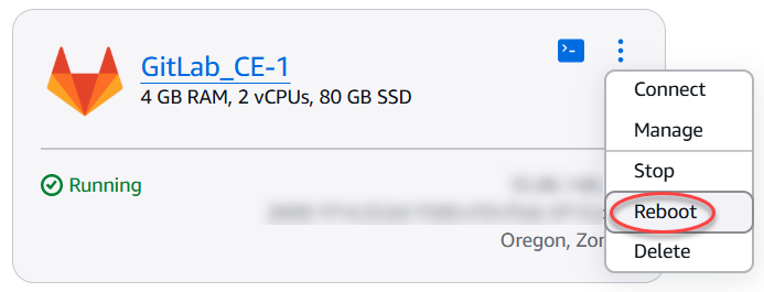 Opsi reboot instance di halaman beranda Lightsail.