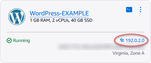 Alamat IP statis instance di halaman beranda Lightsail.