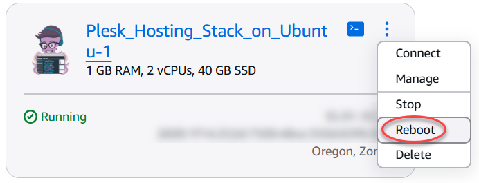 Opsi reboot instance di halaman beranda Lightsail.