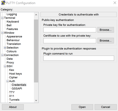 PuTTY dan opsi SSH Auth-Credentials dalam dialog konfigurasi