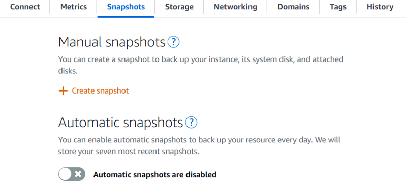 Buat snapshot instance di konsol Lightsail
