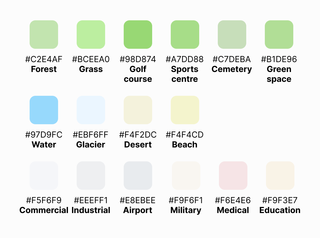 Color-coded squares representing various land uses with corresponding hex codes.