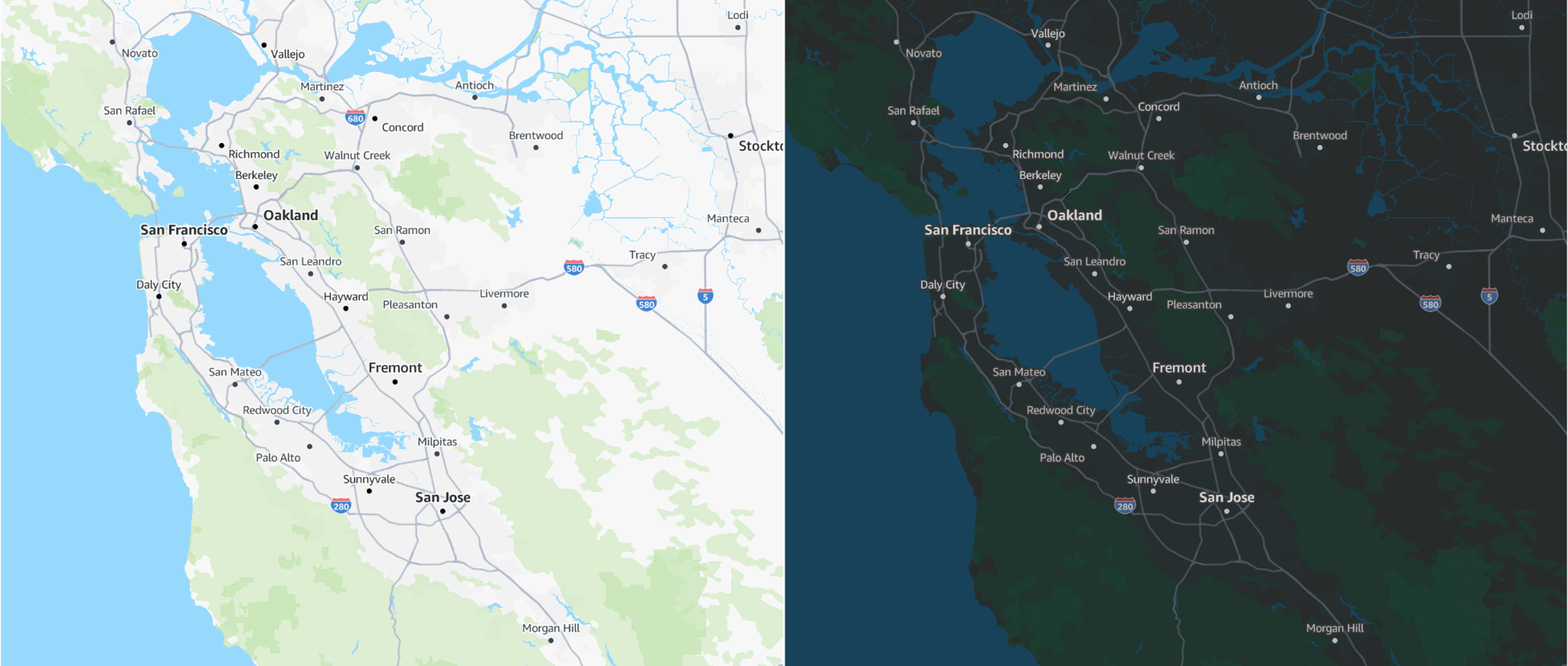 Map of San Francisco Bay Area showing cities and highways in standard and dark modes.