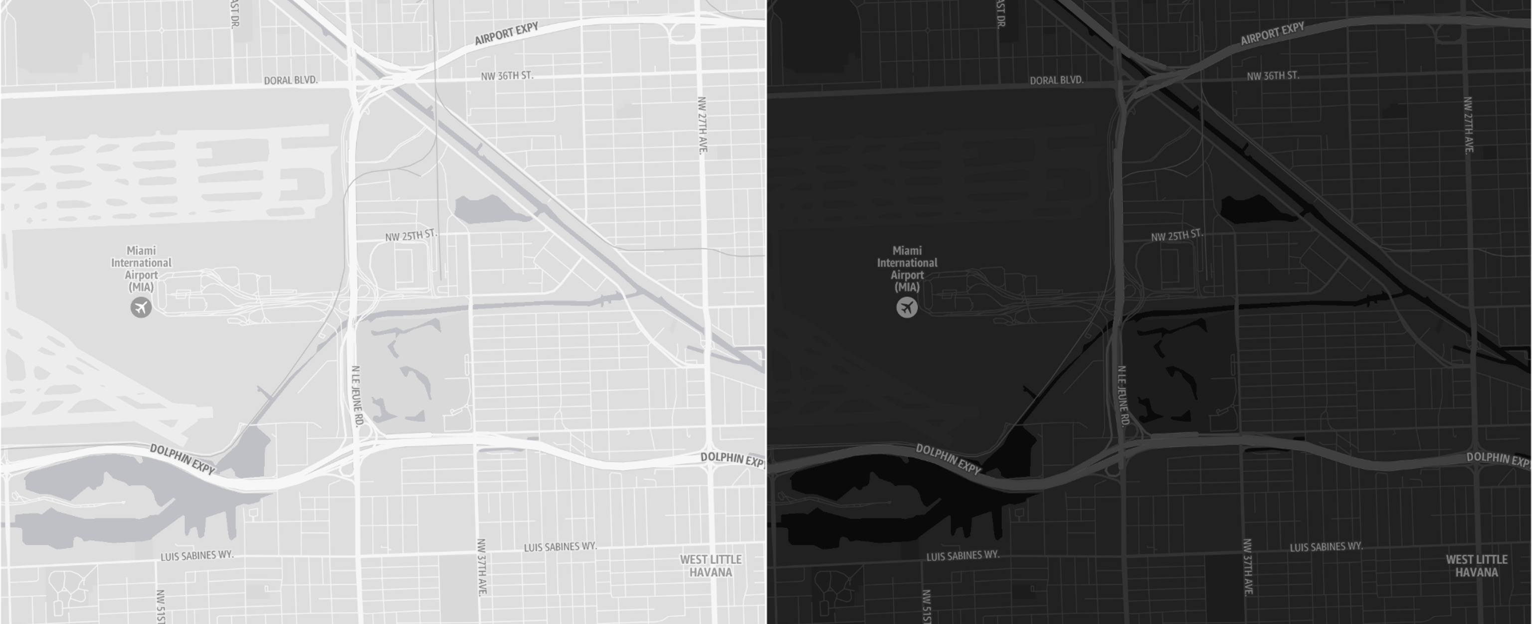 Map showing Miami International Airport and surrounding roads including Airport Expy and Dolphin Expy.