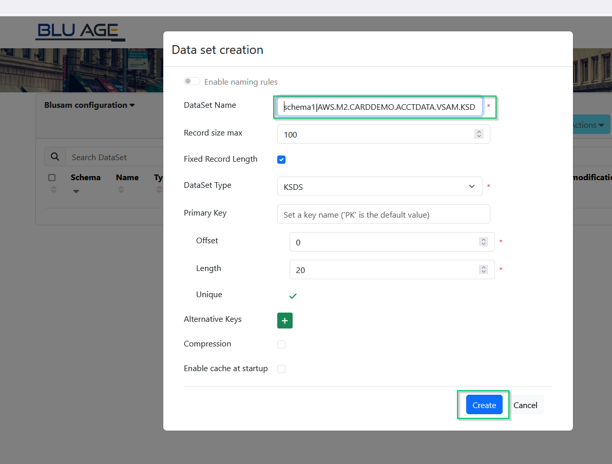Data set creation form with fields for name, size, type, and other configuration options.
