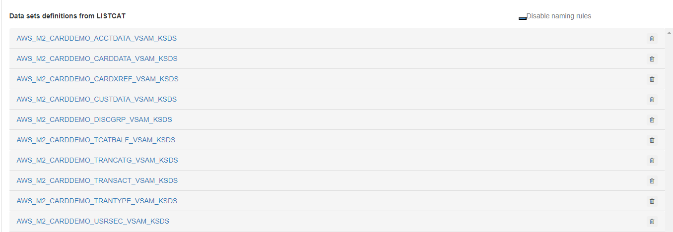 List of AWS_M2_CARDDEMO data set definitions from LISTCAT, showing various VSAM_KSDS types.