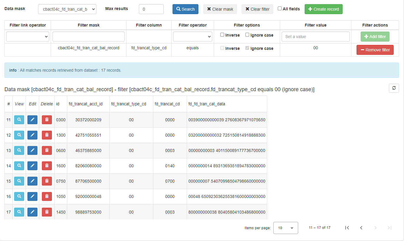 Data table showing transaction records with account IDs, types, and numerical data.