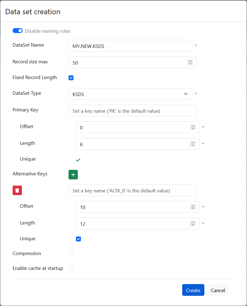 Data set creation form with fields for name, size, type, keys, and other settings.