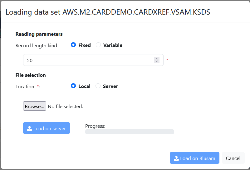 Data set loading interface with reading parameters and file selection options.