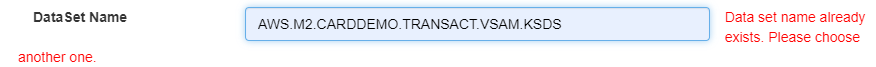 Error message indicating dataset name already exists, prompting user to choose another.