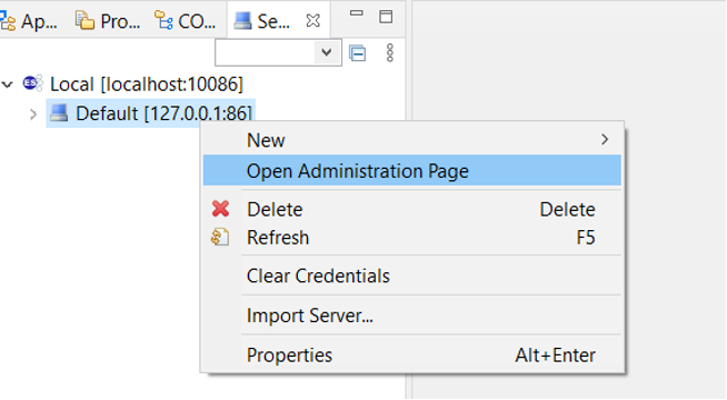 Menu konteks server explorer dengan halaman administrasi terbuka dipilih.