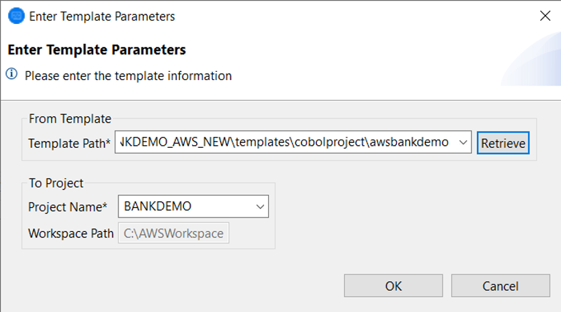 Kotak Enter parameter template dengan jalur dan nama proyek diisi.