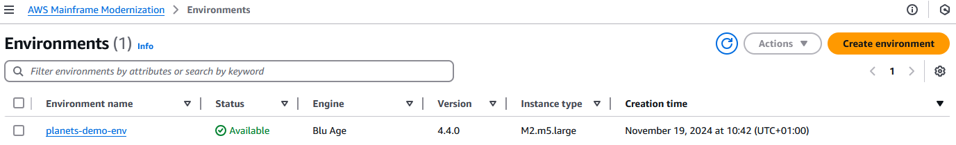 Daftar lingkungan runtime Modernisasi AWS Mainframe.