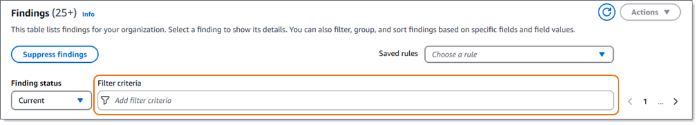 Kotak kriteria Filter pada halaman Temuan.