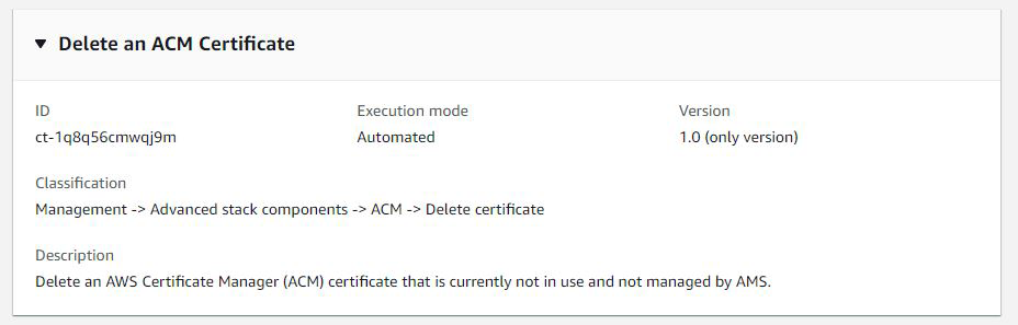 Delete an ACM Certificate interface showing ID, execution mode, and description.
