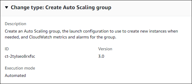 Create Auto Scaling group interface showing description, ID, version, and execution mode.
