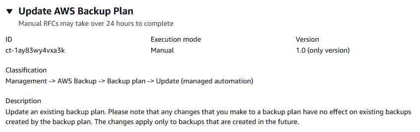 AWS Backup Plan update interface showing ID, execution mode, version, and description.
