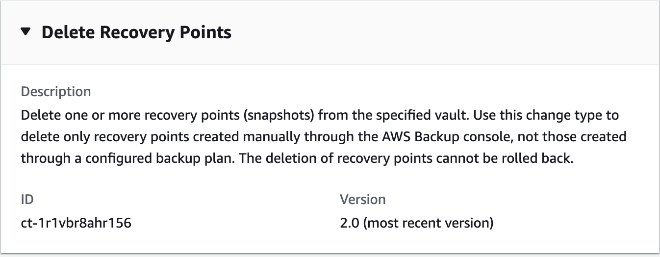 Delete Recovery Points interface showing description, ID, and version for manual deletion.