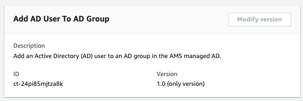 Add AD User To AD Group interface showing description, ID, and version details.