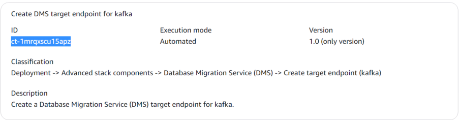Konsol AMS Advanced, buat bagian RFC, ubah kotak detail jenis untuk ct-1mrqxscu15apz: Buat titik akhir target untuk Amazon MSK. AWS Database Migration Service