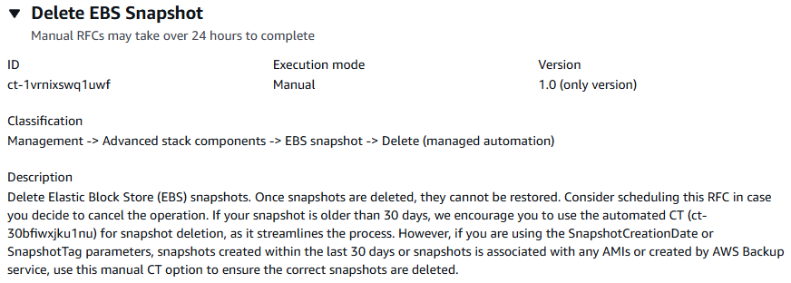 Delete EBS Snapshot interface showing manual execution mode and version details.