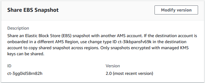 EBS snapshot sharing details with ID, version, and cross-region sharing instructions.