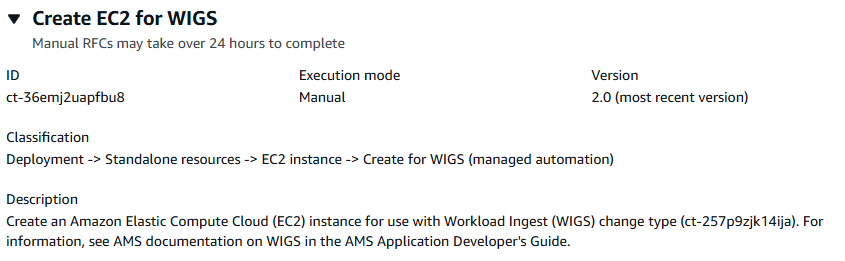 Create EC2 for WIGS form showing ID, execution mode, version, and description details.