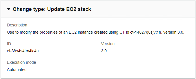 Perubahan type details for updating EC2 stack, including description, ID, version, and execution mode.