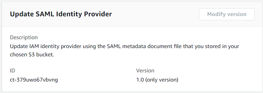 Update SAML Identity Provider interface showing description, ID, and version fields.