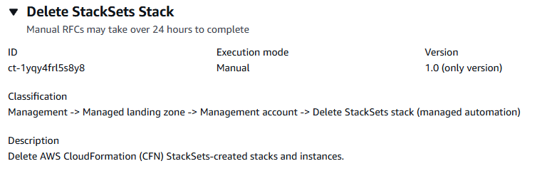 Perubahan type details for deleting StackSets stack, including ID, execution mode, and classification.