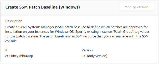 AWS Systems Manager patch baseline creation interface for Windows OS with description and version details.