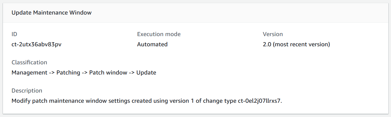 Update Maintenance Window details showing ID, execution mode, version, and description.