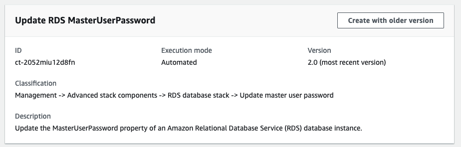 Update RDS MasterUserPassword interface showing ID, execution mode, version, and description.