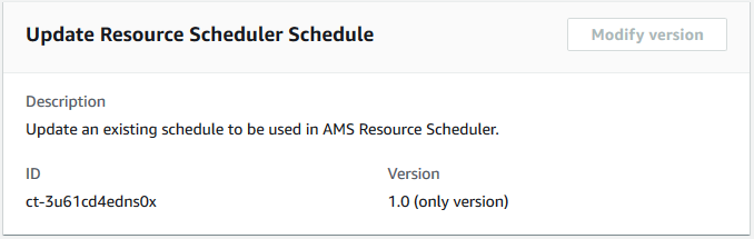 Form to update an existing schedule in AMS Resource Scheduler, showing ID and version fields.