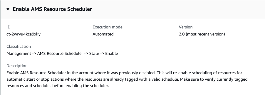 AMS Resource Scheduler configuration panel showing ID, execution mode, and version details.