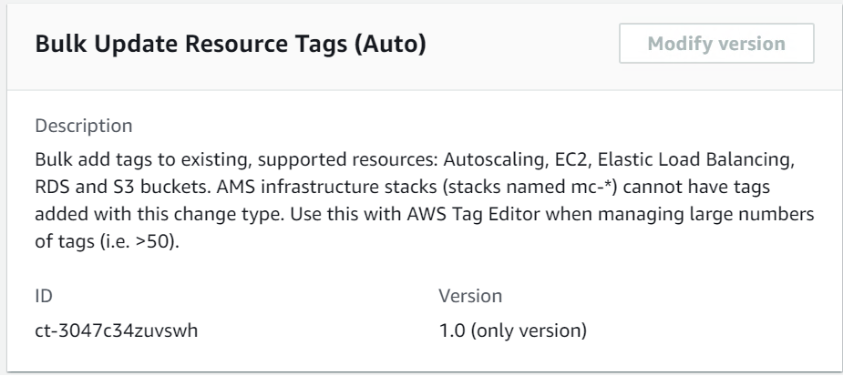 Deskripsi of Bulk Update Resource Tags (Auto) change type with supported resources and usage.