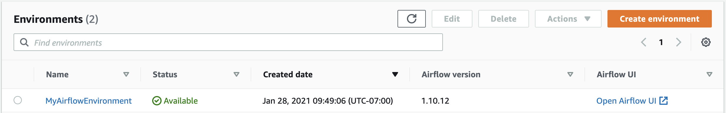 Gambar ini menampilkan tautan ke UI Apache Airflow Anda di konsol Amazon MWAA.