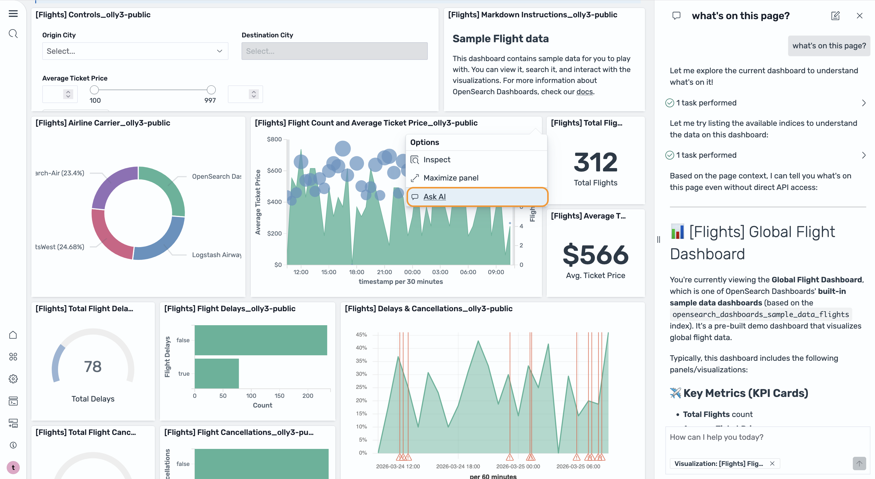 Visualisasi di OpenSearch UI yang menunjukkan opsi Ask AI di menu konteks, dengan panel Obrolan Agentic menganalisis visualisasi.