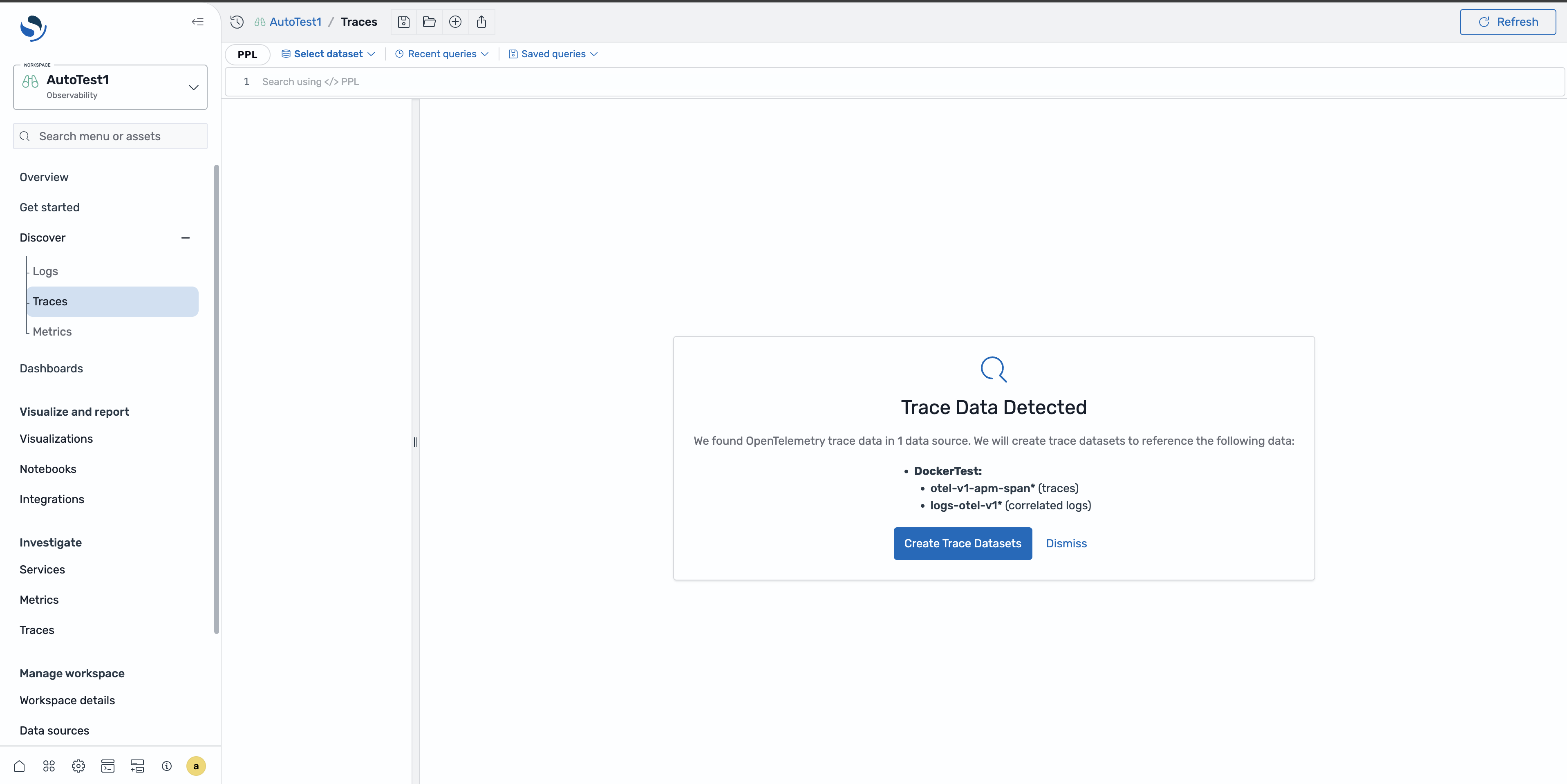 Kotak dialog yang meminta untuk membuat kumpulan data jejak DockerTest dengan jejak otel-v1-apm-span terdeteksi.