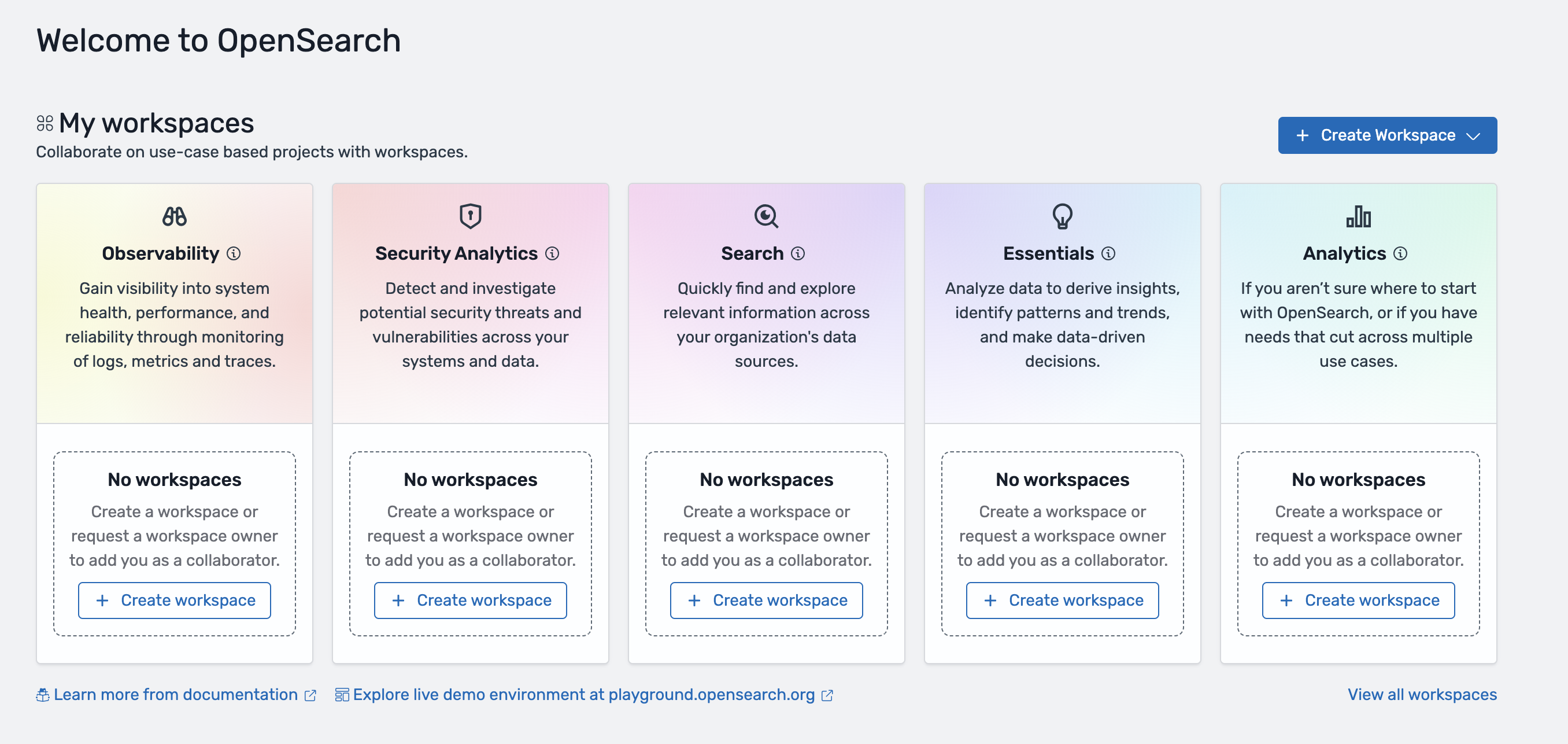 Area “Ruang kerja saya” di konsol dapat digunakan untuk membuat lima jenis ruang kerja yang berbeda: Observabilitas, Analisis keamanan, Pencarian, Essentials, dan Analytics. Anda juga dapat melihat semua ruang kerja yang ada di area “Ruang kerja saya”.