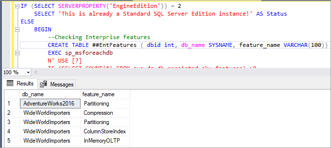 Hasil skrip mencantumkan database yang memiliki dependensi pada edisi Enterprise.