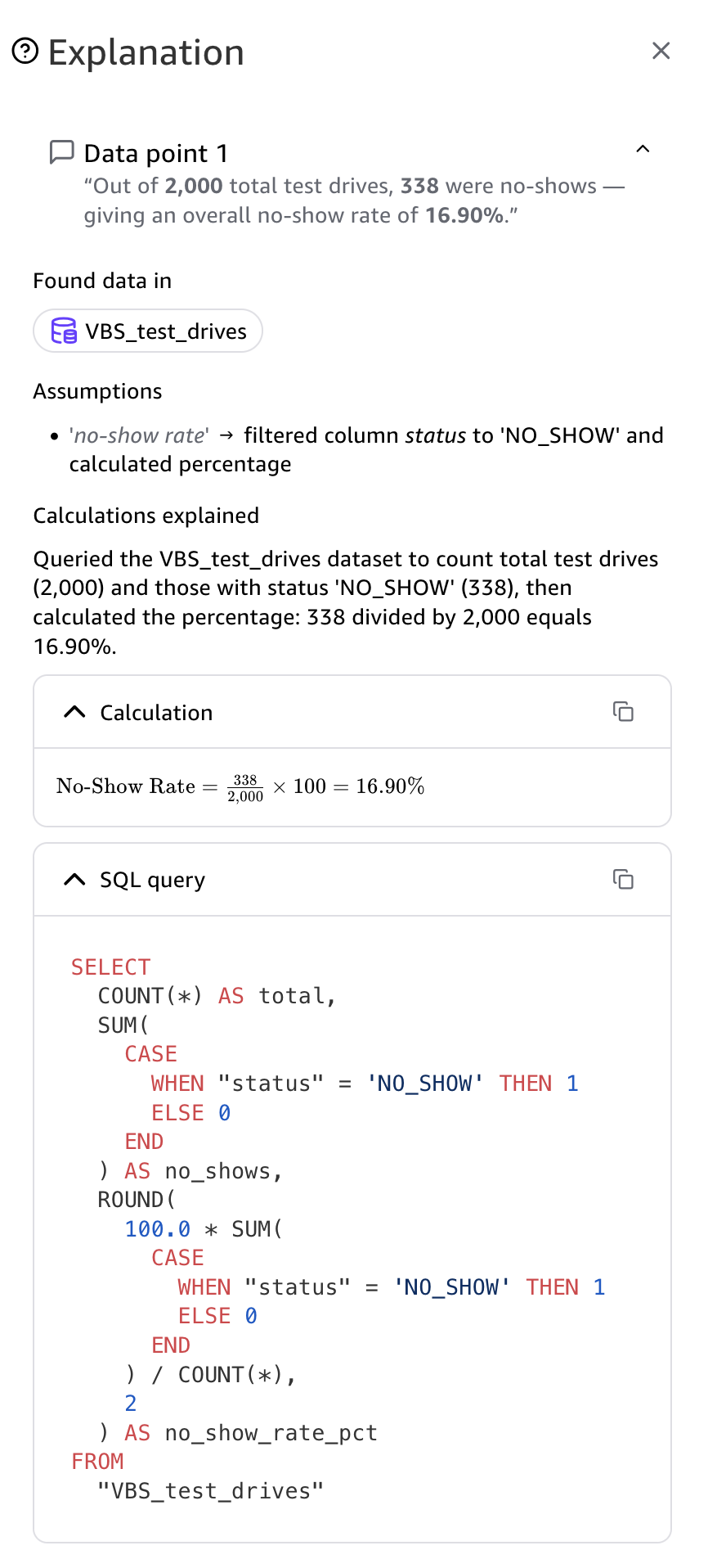 Panel penjelasan untuk jawaban bersumber data, menampilkan kueri SQL yang menghasilkan setiap klaim.