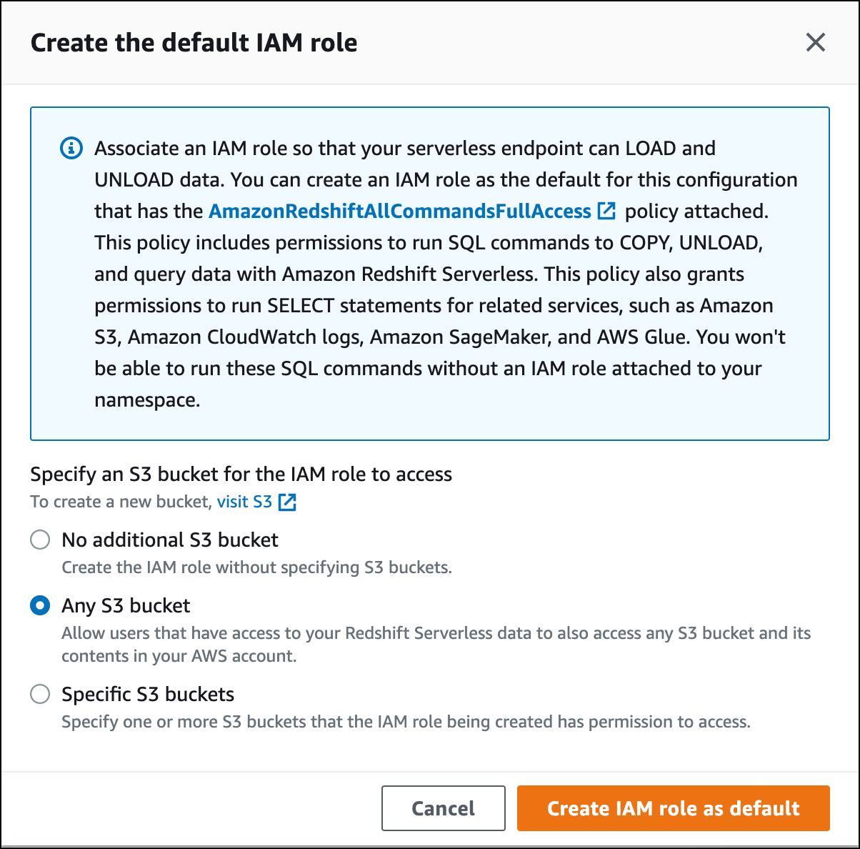 Buat peran IAM untuk digunakan sebagai peran default Anda.