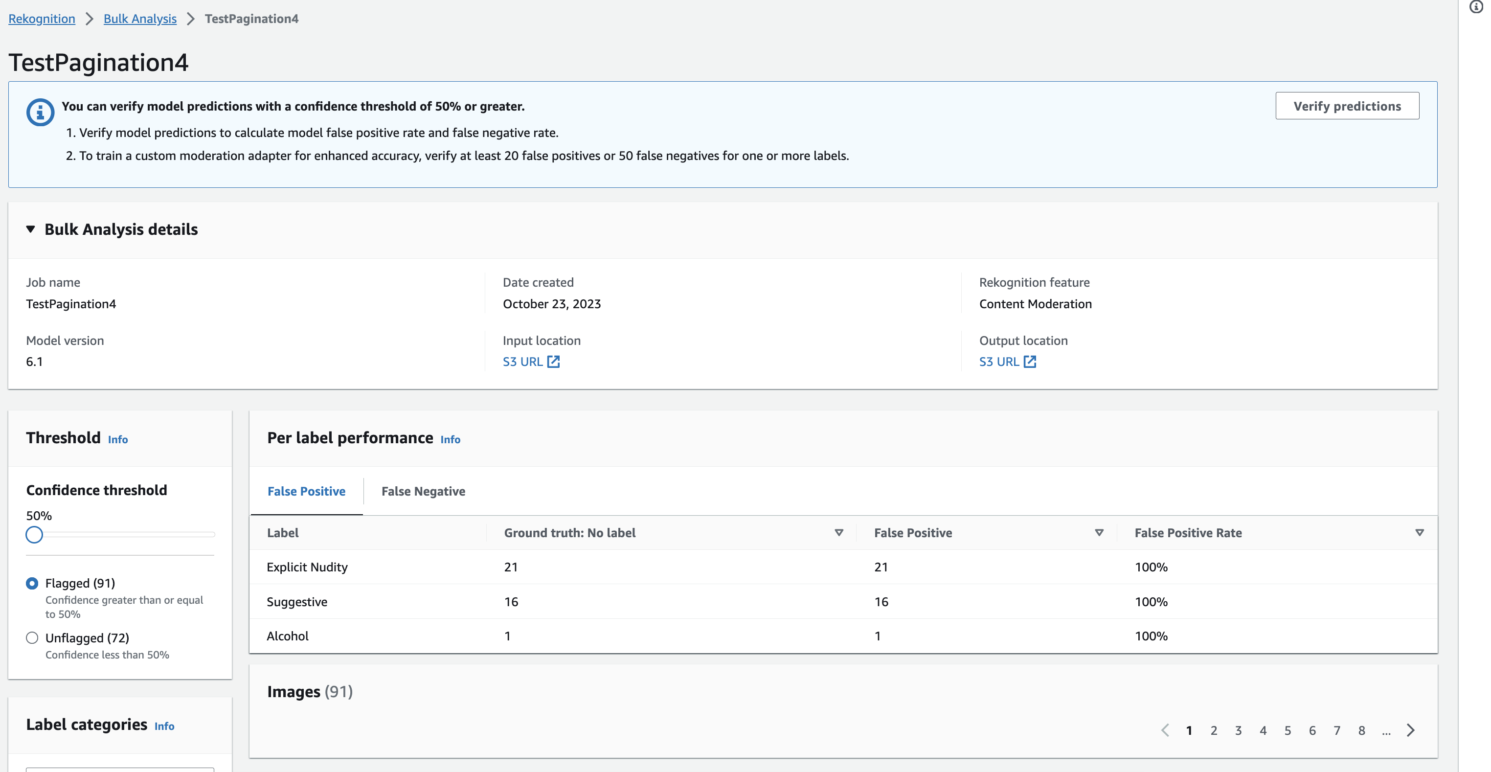 Halaman verifikasi Moderasi Konten menunjukkan tingkat positif palsu untuk label Ketelanjangan Eksplisit, Sugestif, dan Alkohol pada ambang kepercayaan 50%.
